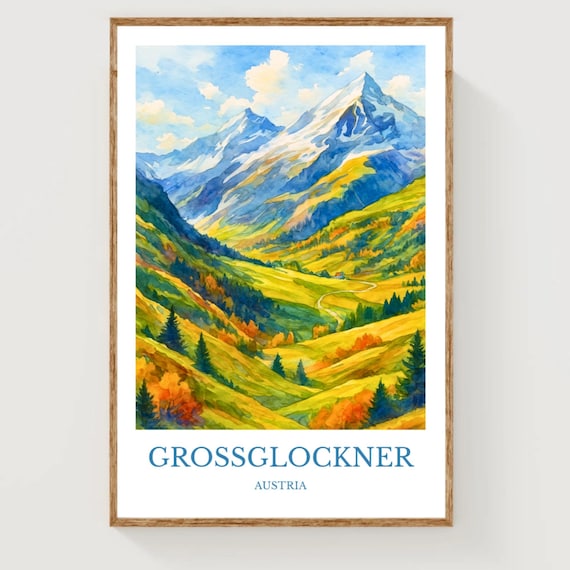 Grossglockner Austria Snow Capped Peak Autumn Valley Watercolor Poster