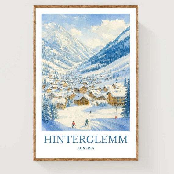 Hinterglemm Austria Snowy Ski Village Winter Watercolor Travel Poster