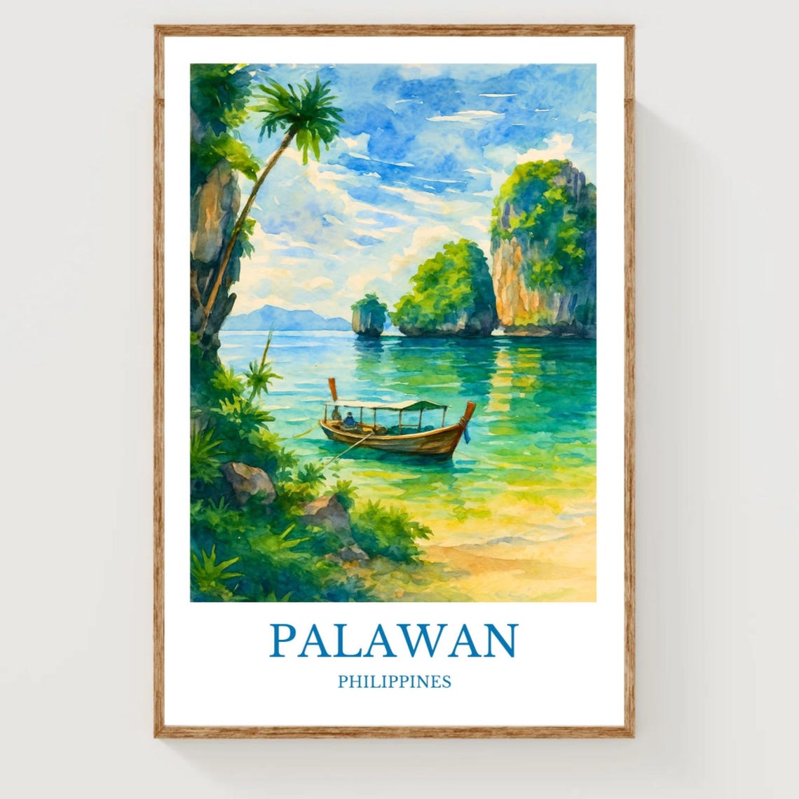 Palawan Philippines Watercolor Boat Lagoon Limestone Cliffs Poster