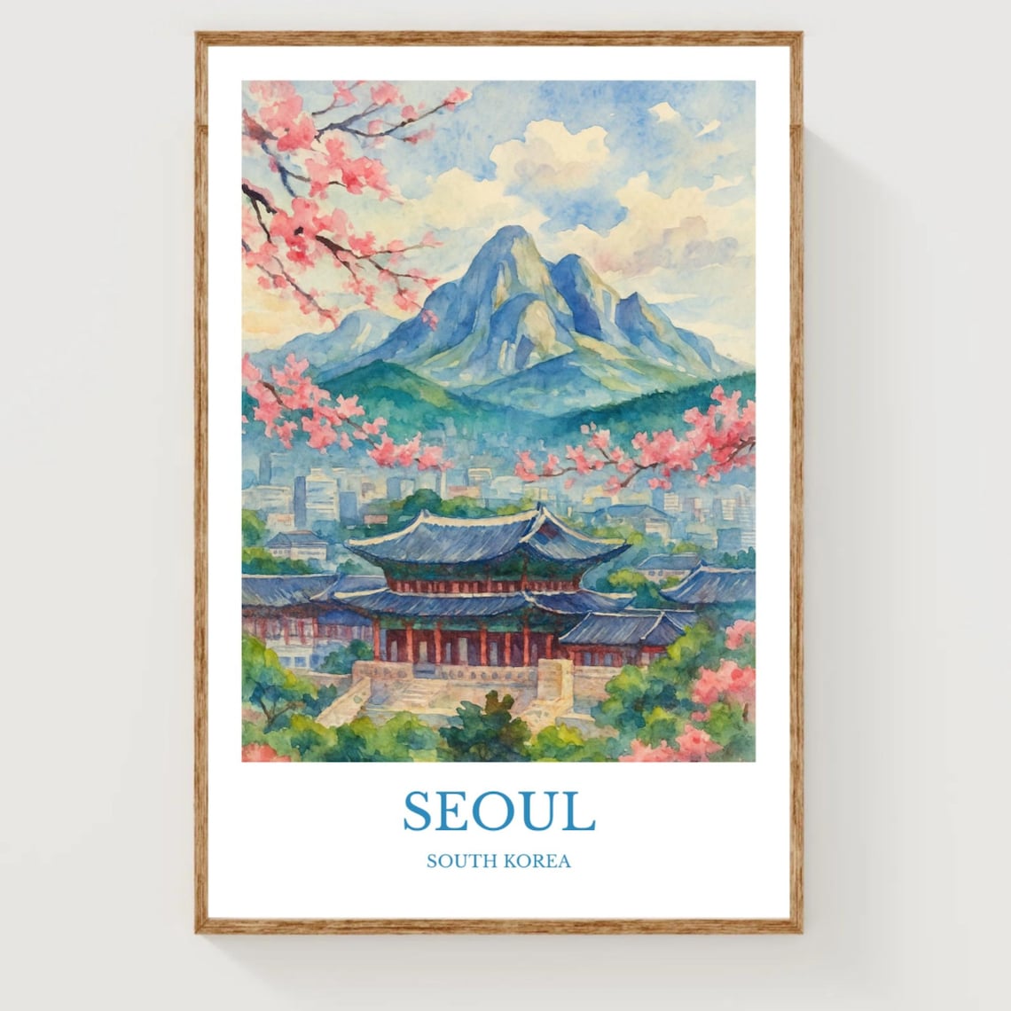 Seoul South Korea Watercolor Palace Cherry Blossom Mountain Poster