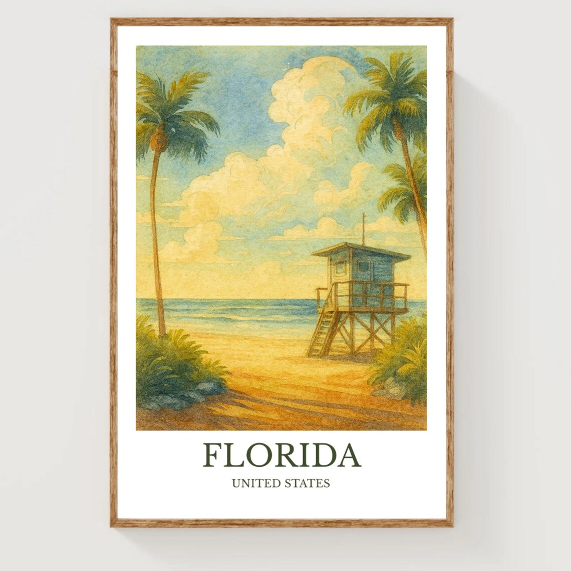 Florida Beach Lifeguard Tower Palm Trees Watercolor Travel Poster