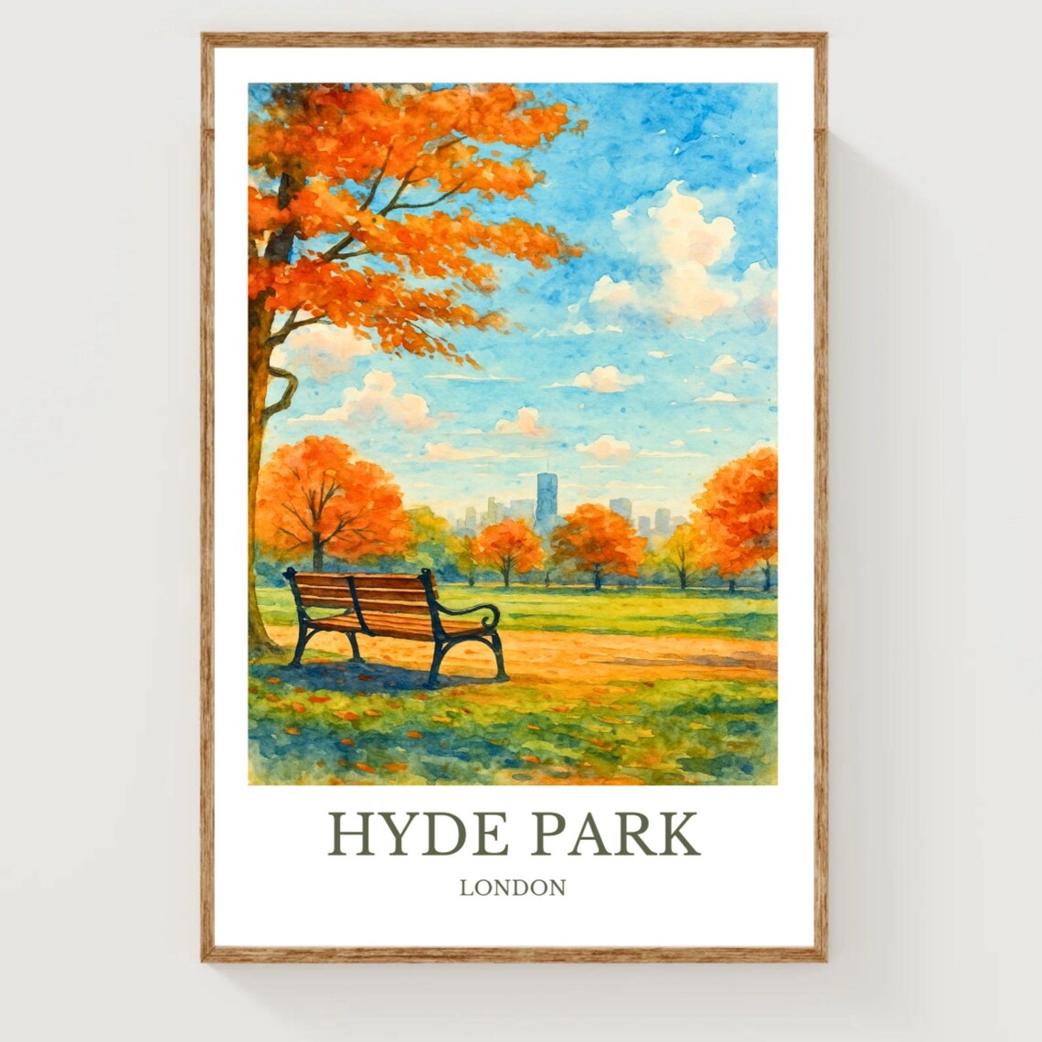 Hyde Park London Autumn Bench City Skyline Watercolor Travel Poster