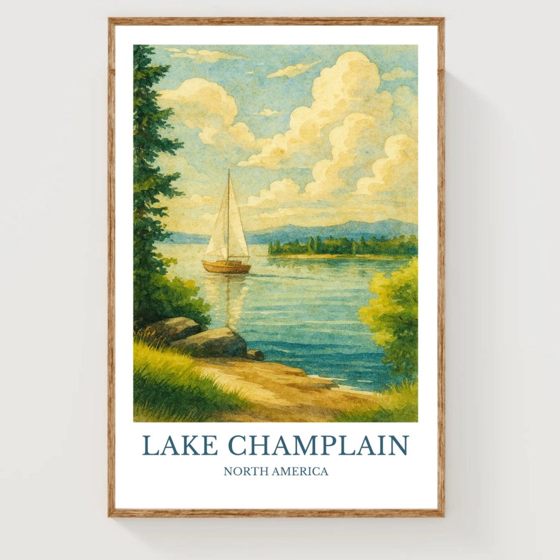 Lake Champlain Sailboat Watercolor Scenic North America Travel Poster