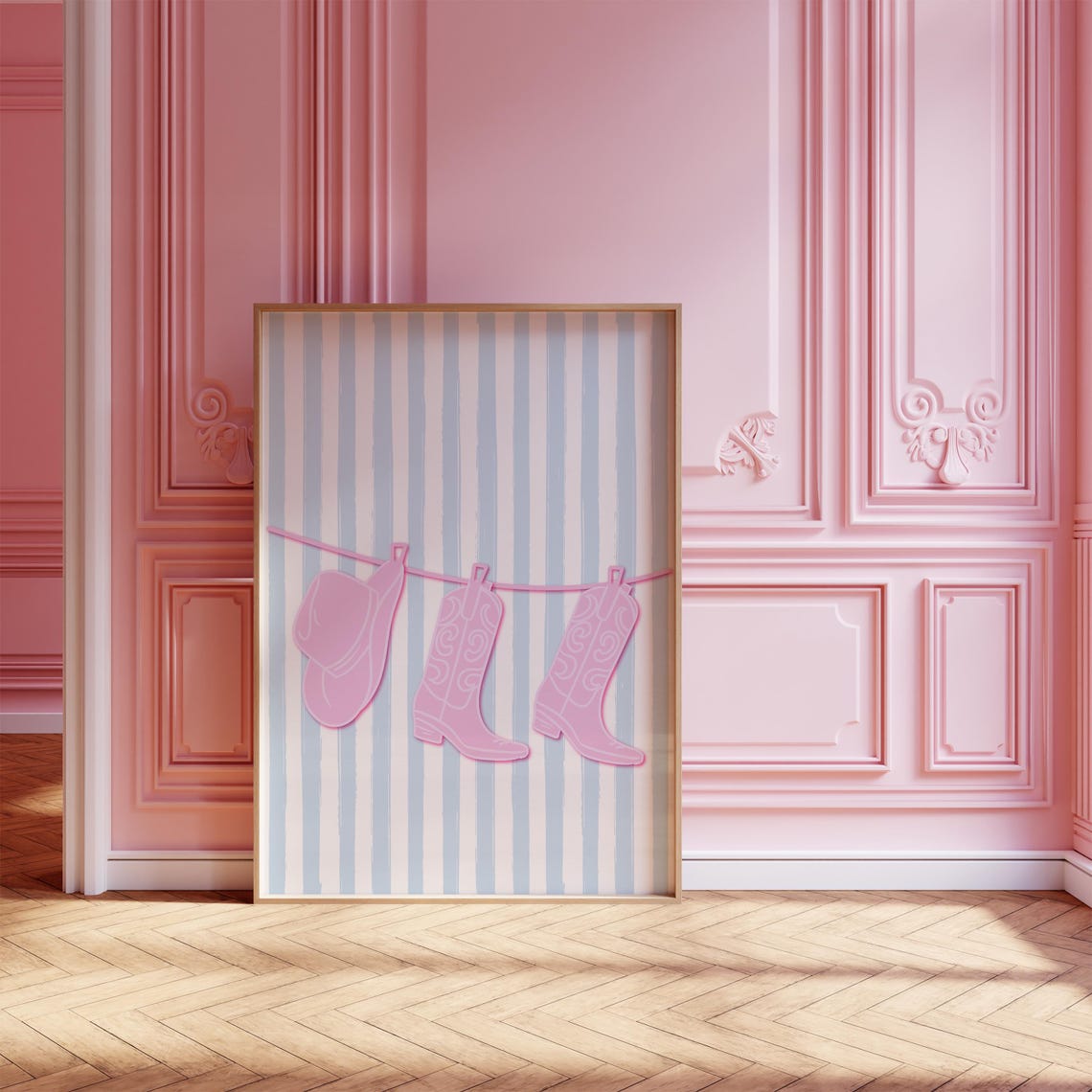 Cute Sweet Pink Cowboy Boots and Hat on Cool Blue Striped Poster
