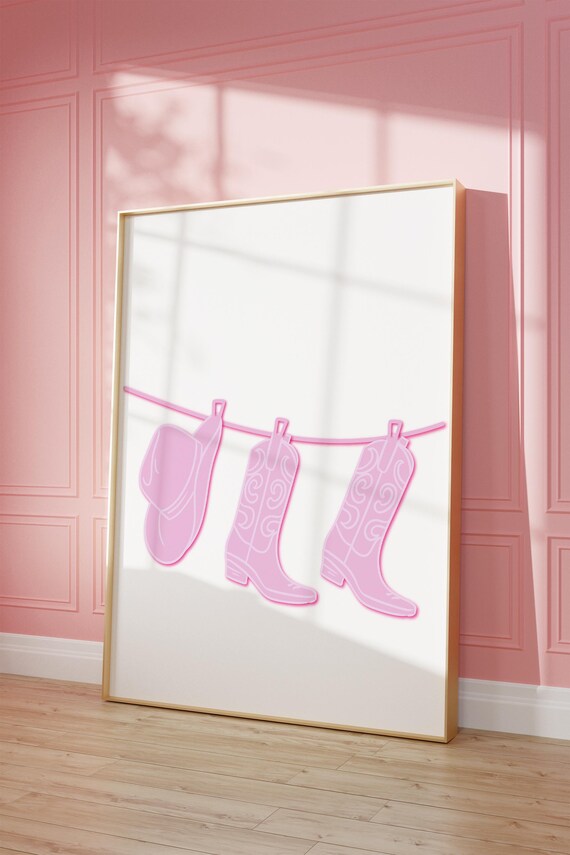 Light Pink Coastal Cowgirl Wall Art Preppy Boot Hat Print Y2k College Dorm Room Decor Cute Summer