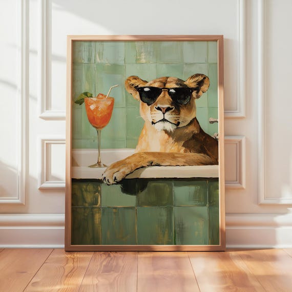 Lioness With Cocktail Poster Funny Bathtub Wall Art Female Lion Print Decor Fun Artwork Oilpaint Style