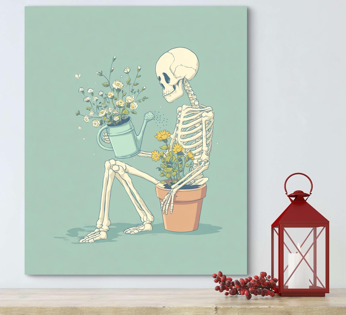 Whimsical Skeleton Sitting Art Fun Gothic Wall Print