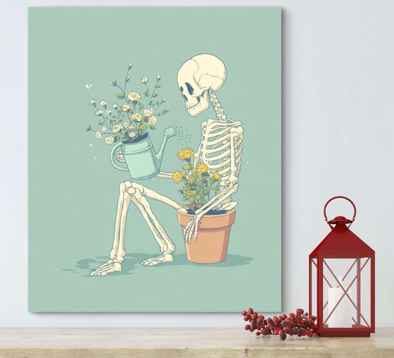 Whimsical Skeleton Sitting Art Fun Gothic Wall Print