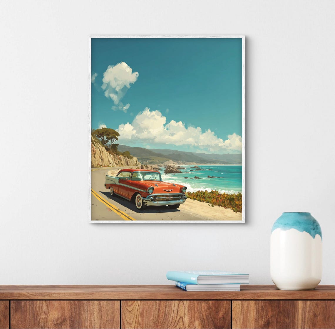 Red 1950s Classic Convertible Coastal Highway Retro Automotive Poster