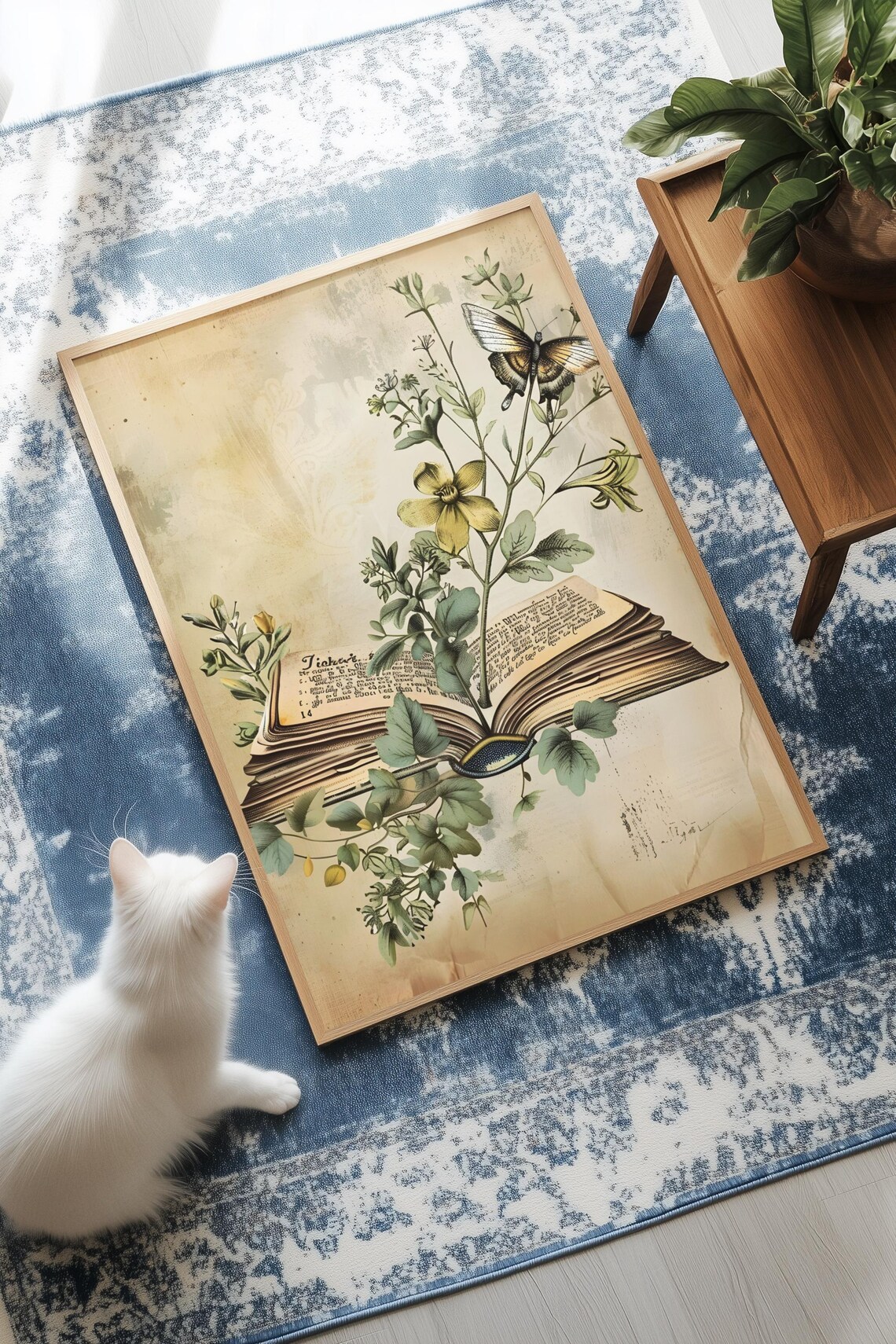 Vintage Botanical Book Wall Art with Plant Butterfly and Floral Detail