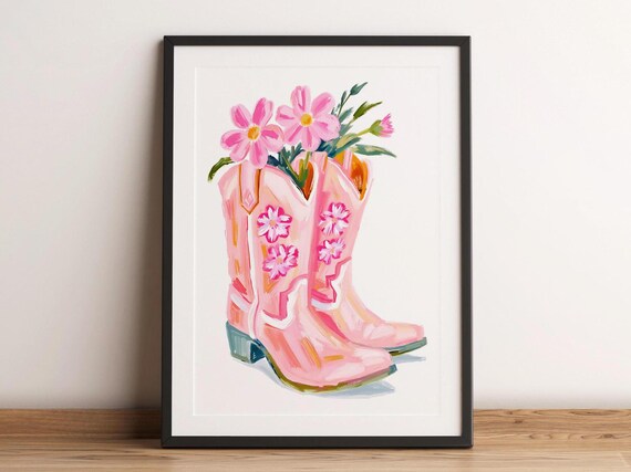 Pink Floral Cowboy Boots with Wildflowers Western Wall Art Decor