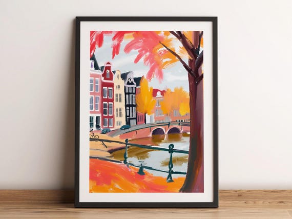 Amsterdam In Autumn Painting Wall Art Fall Netherlands Watercolor Travel Poster City Landmark Holland Cityscape Decor