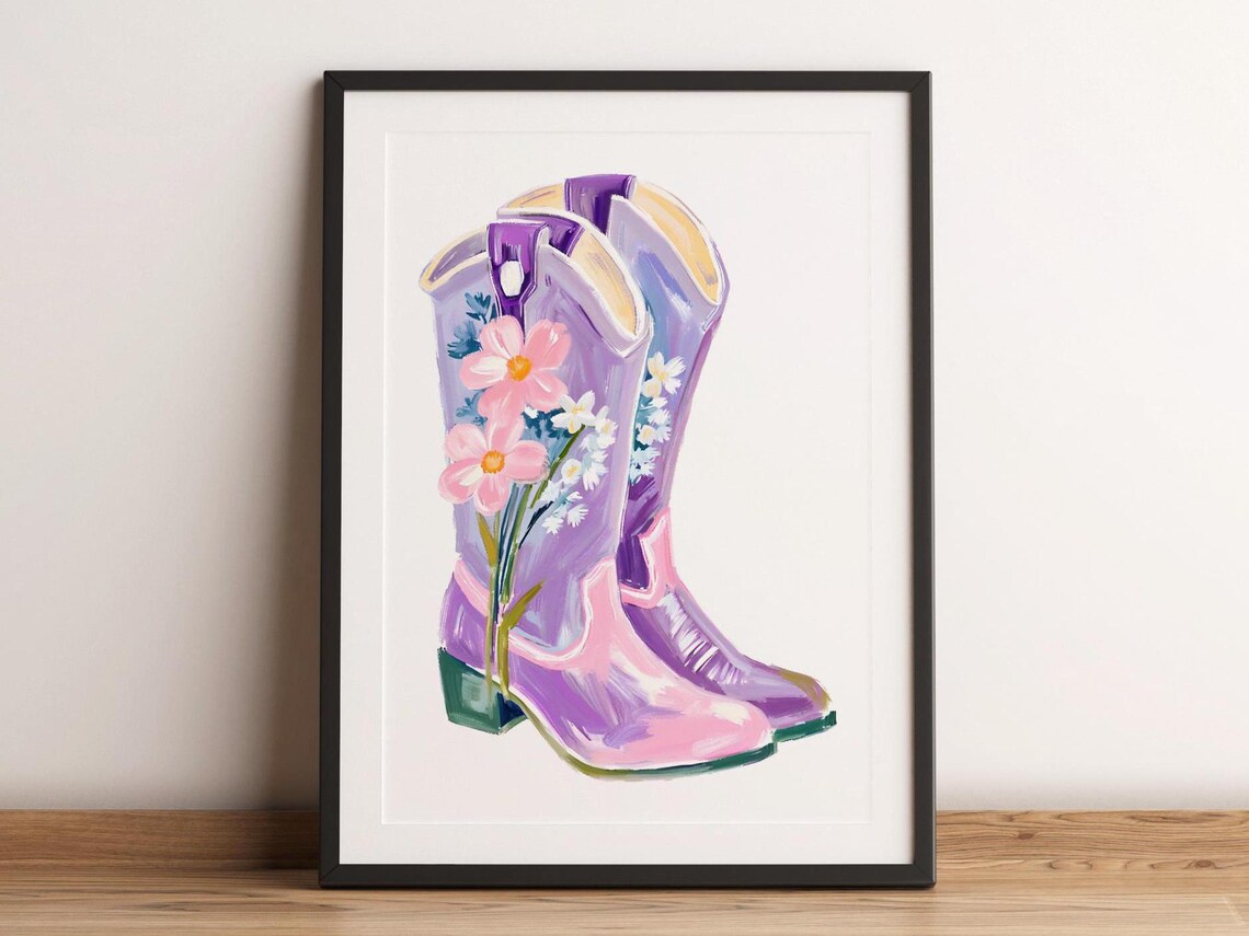 Purple Cowboy Boots Floral Art Western Cowgirl Style Wall Poster