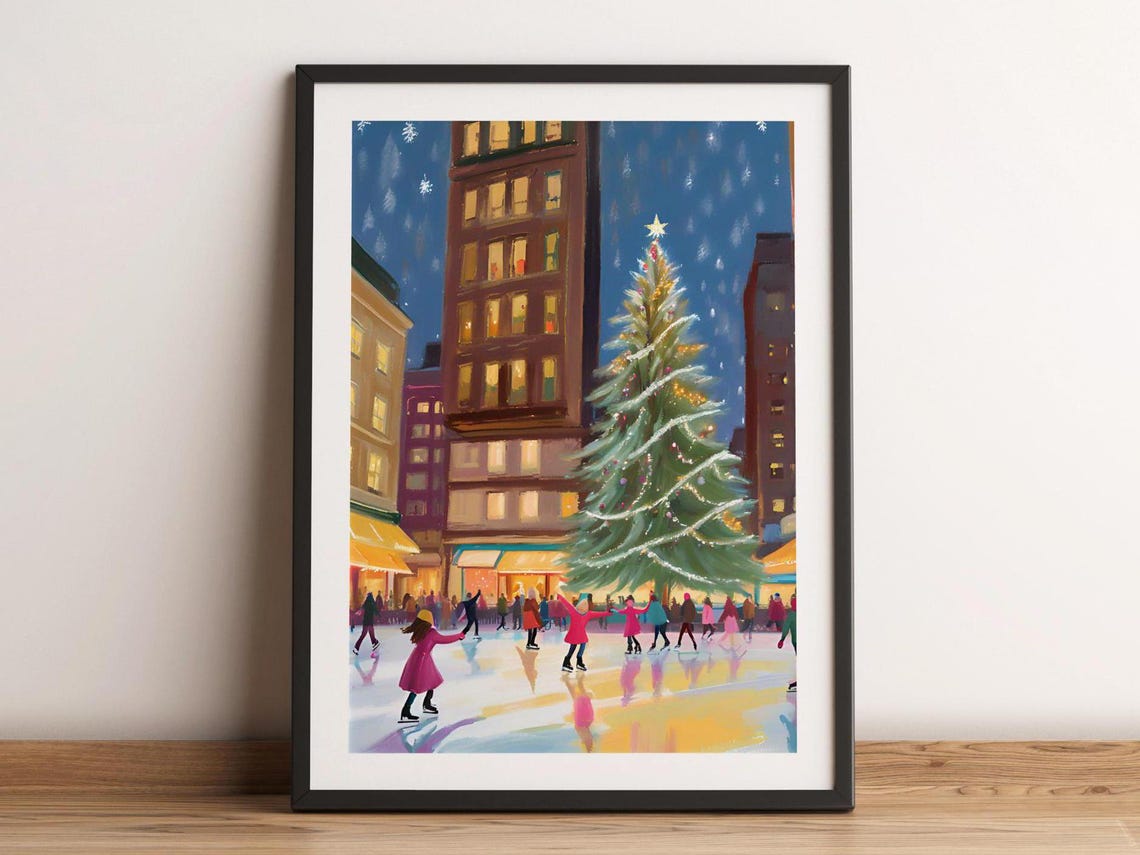 Christmas Tree Plaza With Ice Skaters And City Lights Night Poster