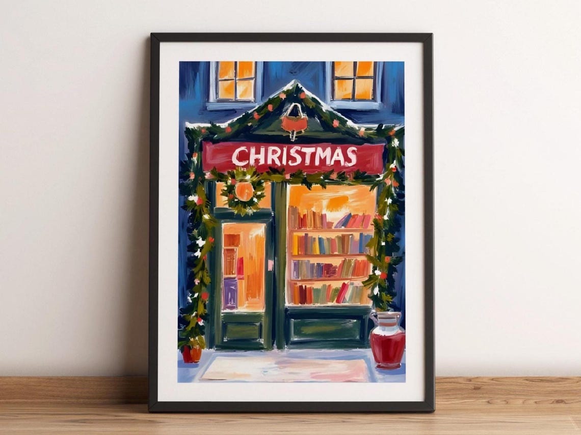 Christmas Bookshop Snowy Storefront Garland Cozy Holiday Decor Poster