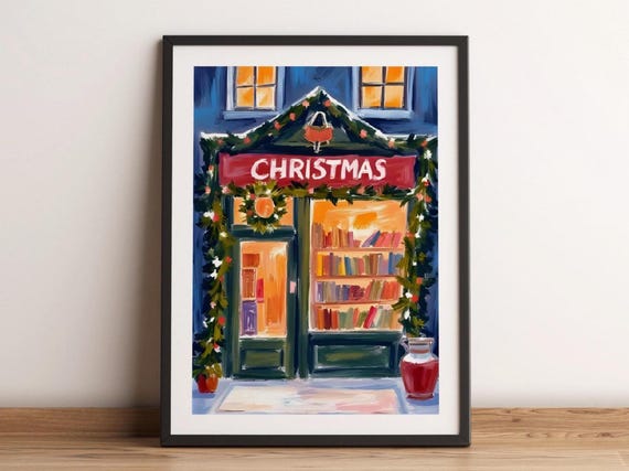 Christmas Bookshop Snowy Storefront Garland Cozy Holiday Decor Poster