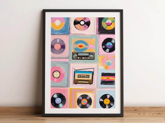 Retro Vinyl Records Cassettes Grid Colorful Music Room Wall Art