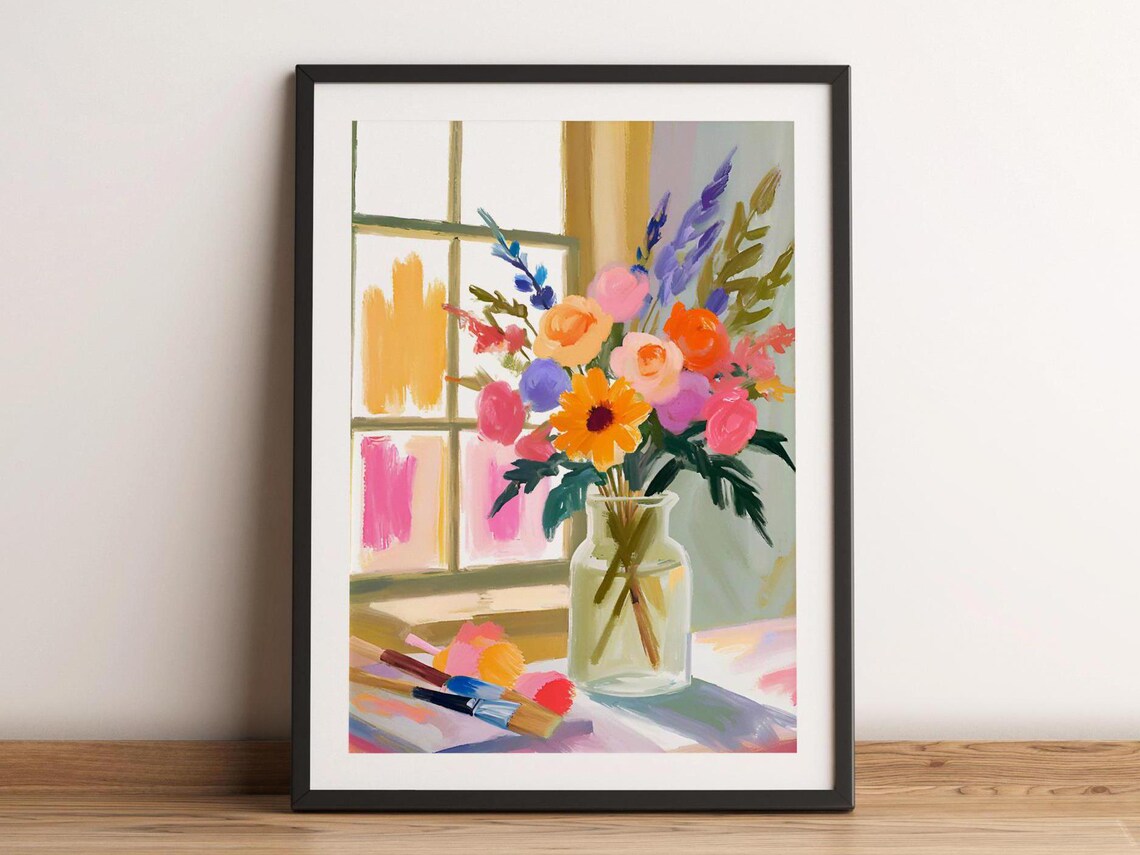 Colorful Flowers Vase Window Light Oil Painting Floral Wall Art