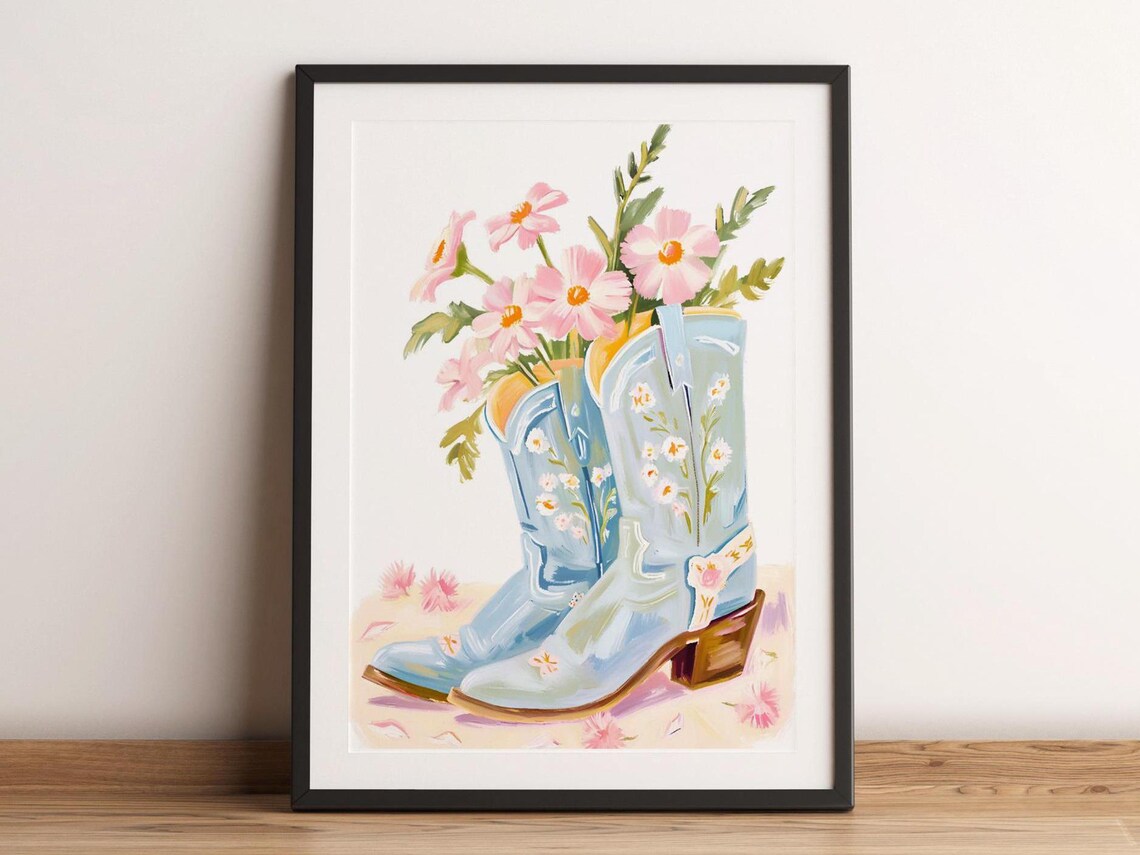 Blue Cowboy Boots With Pink Flowers Western Watercolor Cowgirl Poster