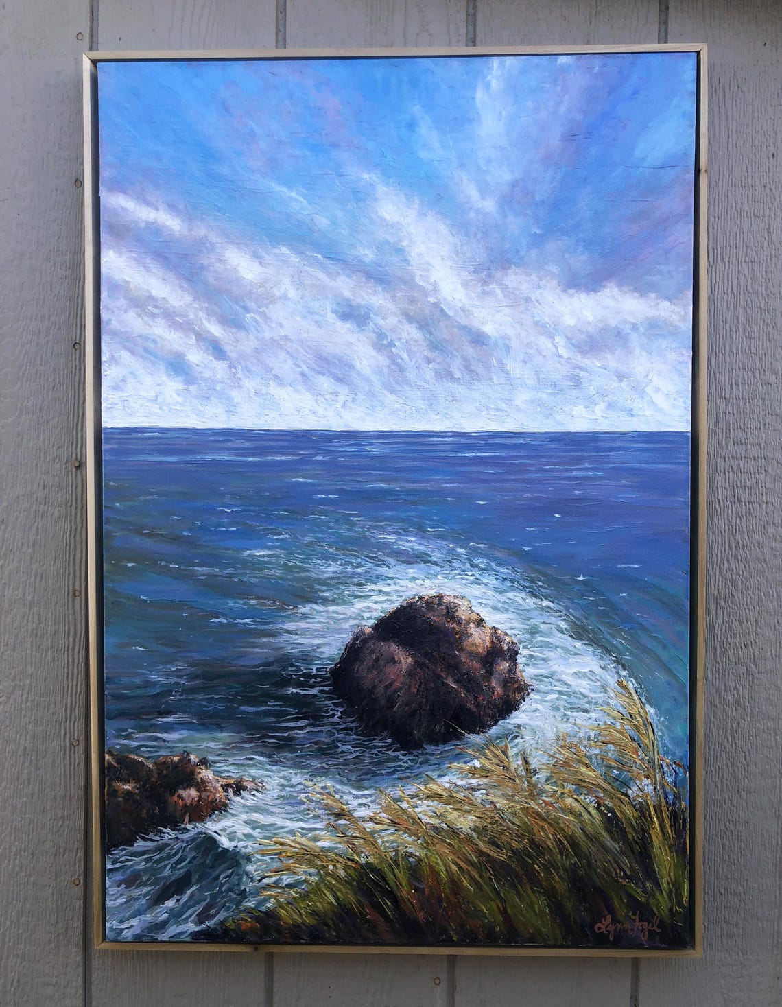 Point Reyes Ocean Lone Rock Waves Grassy Cliffs Painting Poster
