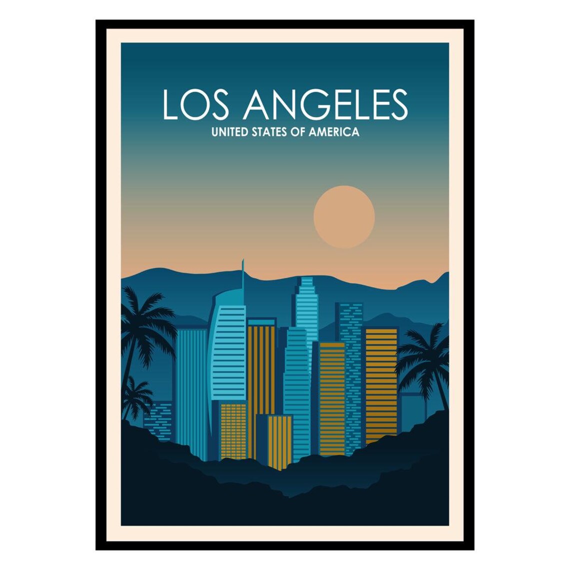 Los Angeles USA Vintage Travel Poster Sunset Skyline Palms Art
