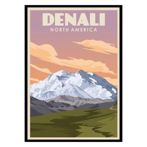 Denali North America Vintage Travel Poster Snowcapped Peak Decor