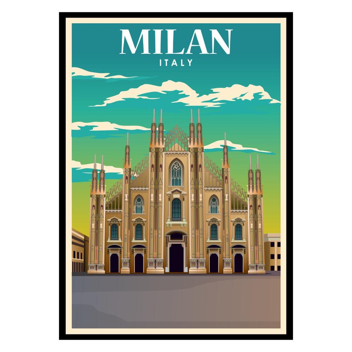 Milan Italy Duomo Cathedral Gothic Facade Vintage Travel Poster