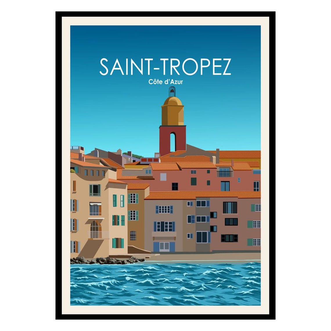 Saint Tropez French Riviera Vintage Travel Poster Harbor Bell Tower