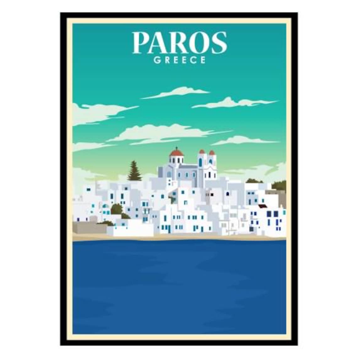 Paros Greece Cyclades White Village Blue Sea Vintage Travel Poster