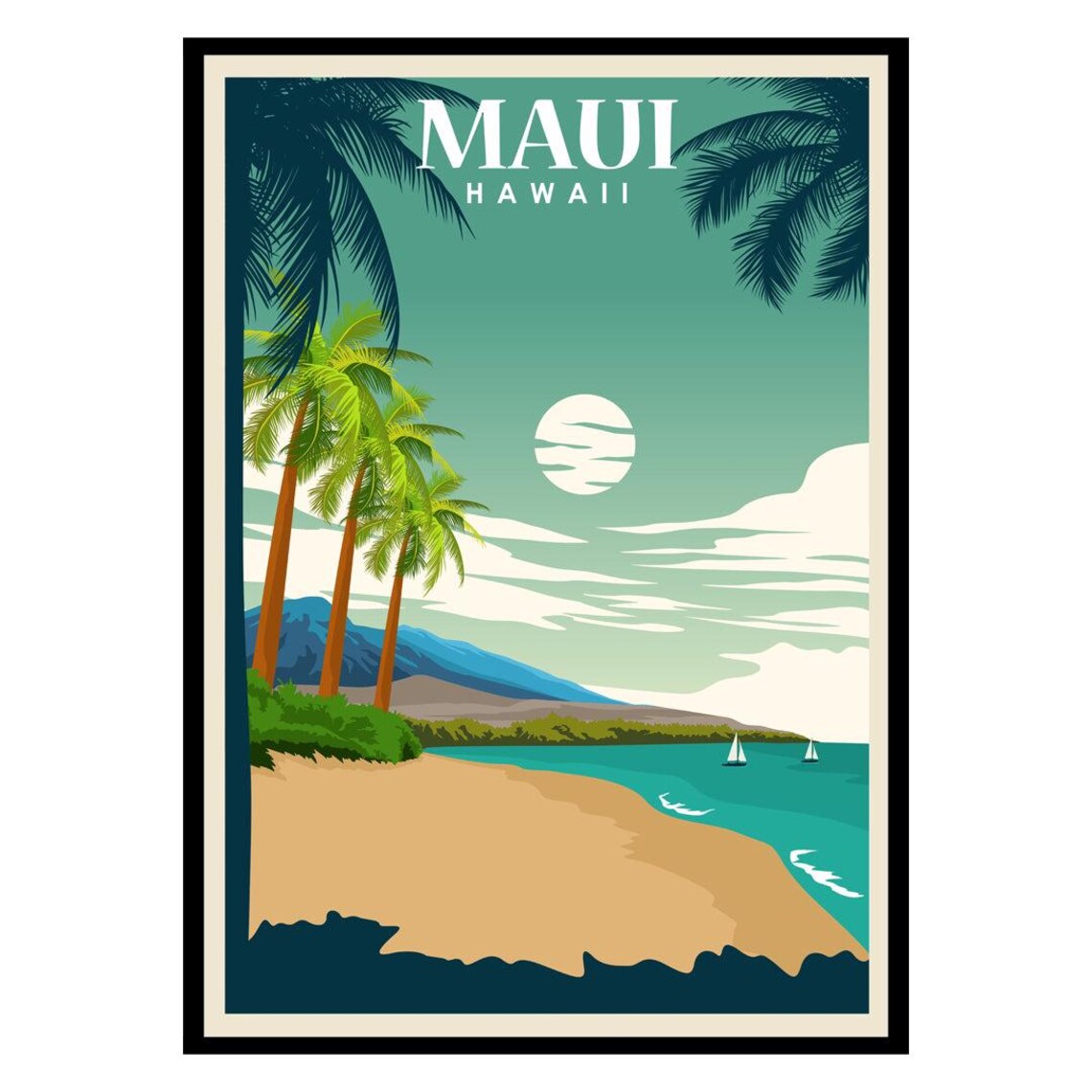 Maui Hawaii Vintage Travel Poster Beach Palms Tropical Ocean Art