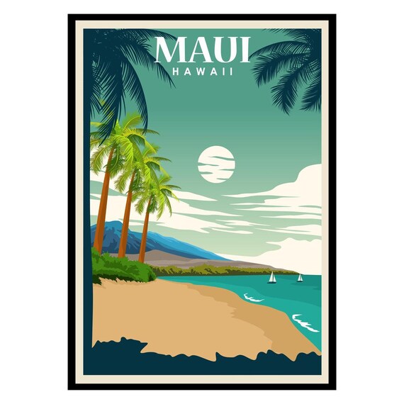 Maui Hawaii Vintage Travel Poster Beach Palms Tropical Ocean Art