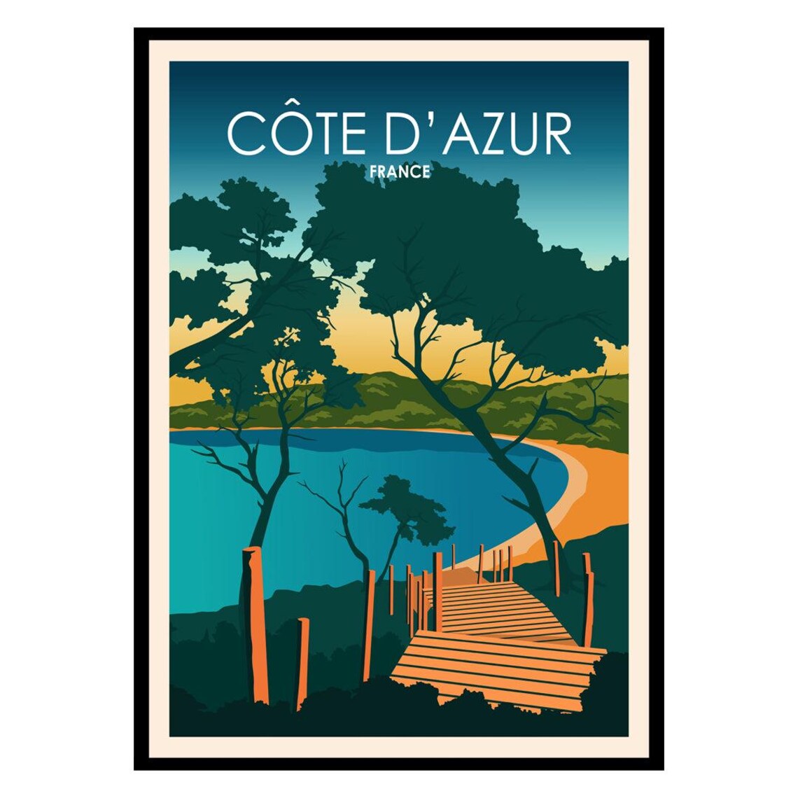 Cote dAzur France Mediterranean Cove Sunset Boardwalk Travel Poster