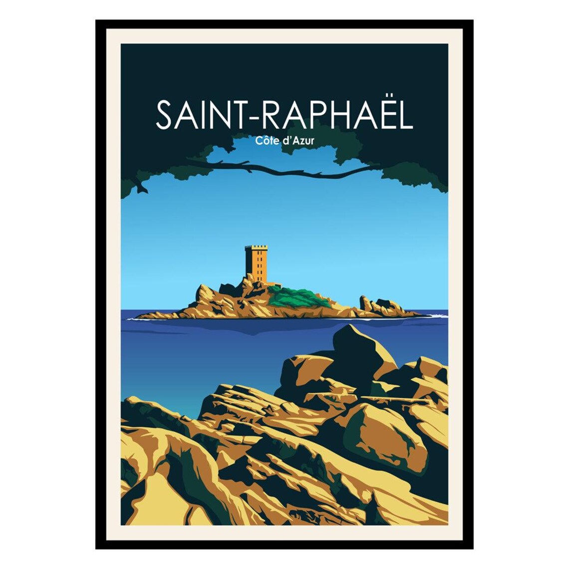Saint Raphael Cote dAzur Rocky Island Tower Vintage France Travel Poster