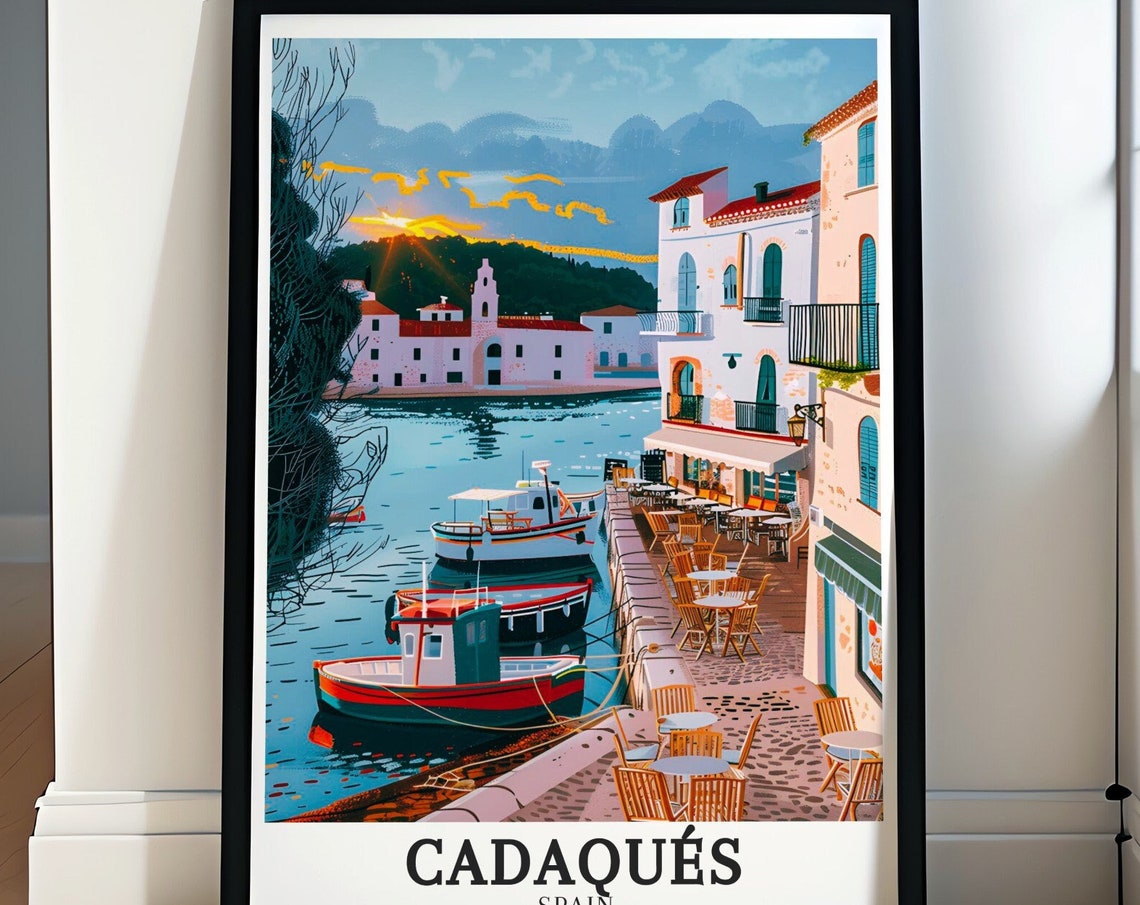 Cadaques Waterfront Cafes and Moored Boats at Golden Hour Poster