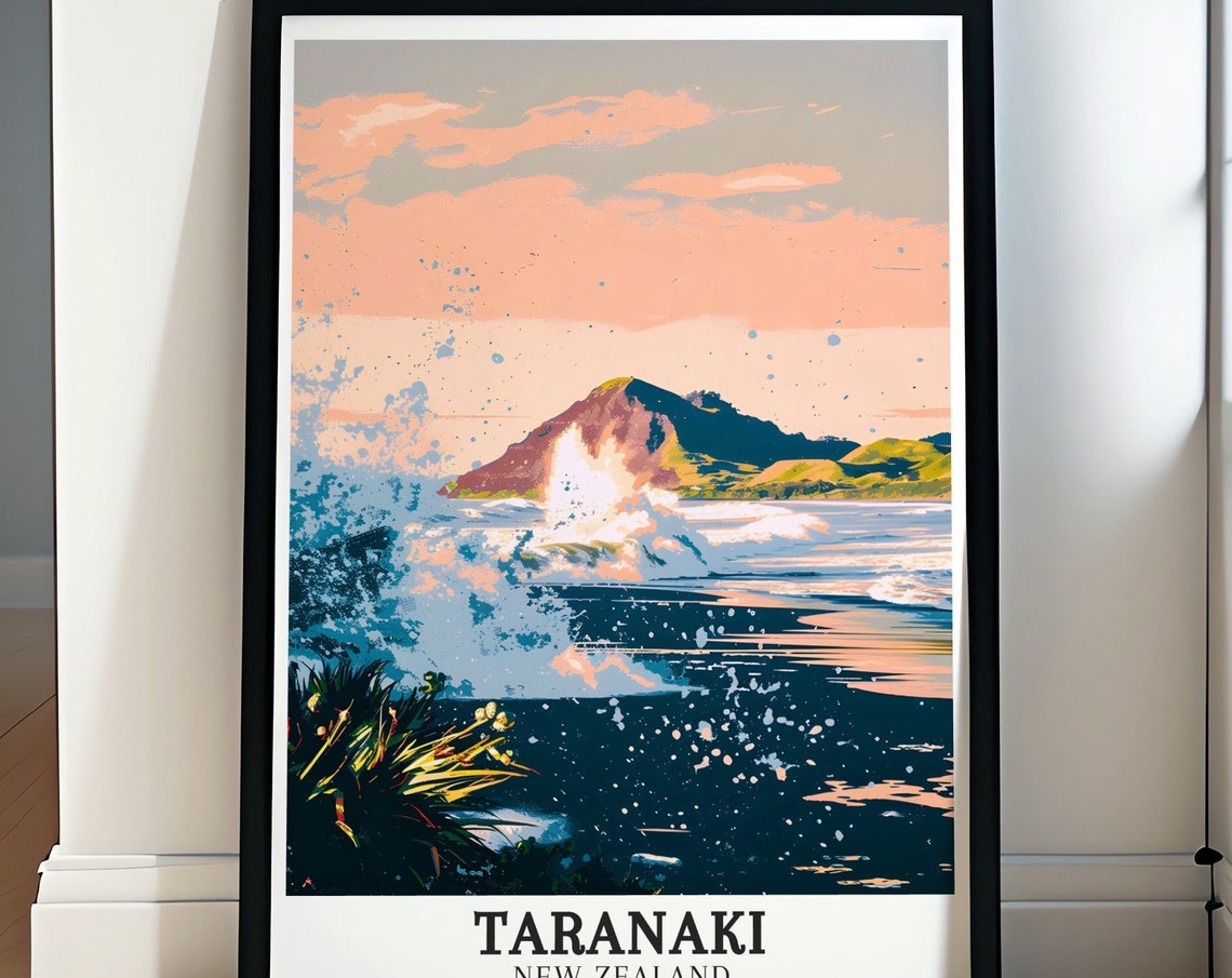 Taranaki Back Beach New Plymouth Dramatic Sunset Surf Travel Poster