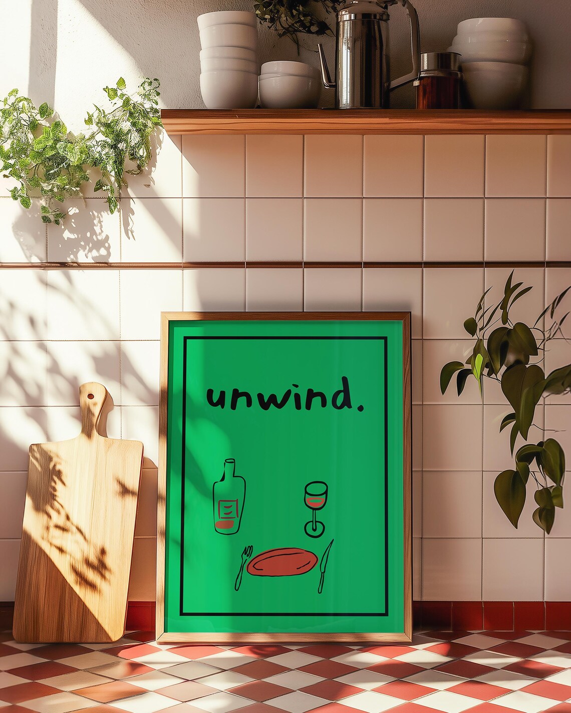 Unwind Wine, Funny Kitchen Minimalist Art Print