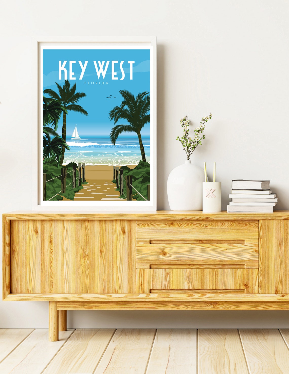 Key West Florida Palm Trees Sailboat Beach Retro Travel Poster - Image 3