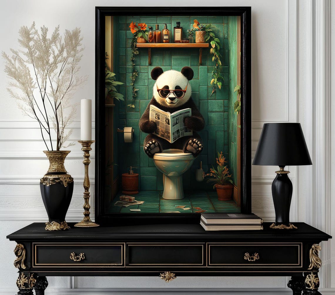 Panda Reading Newspaper on Toilet While Wearing Sunglasses Poster
