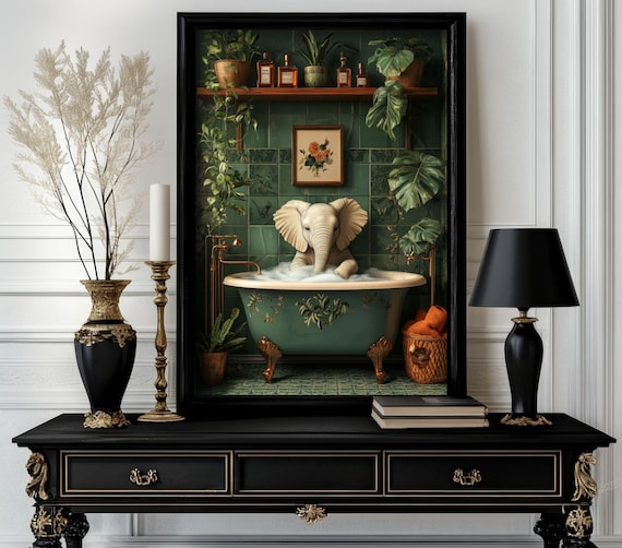 Funny Bathroom Elephant Poster Animal On Toilet Wall Art Gag Gift For Guest Quirky Decor White 242