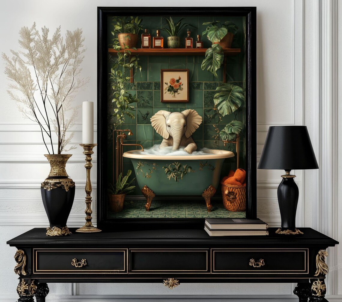 White Baby Elephant in a Clawfoot Bubble Bath Botanical Poster