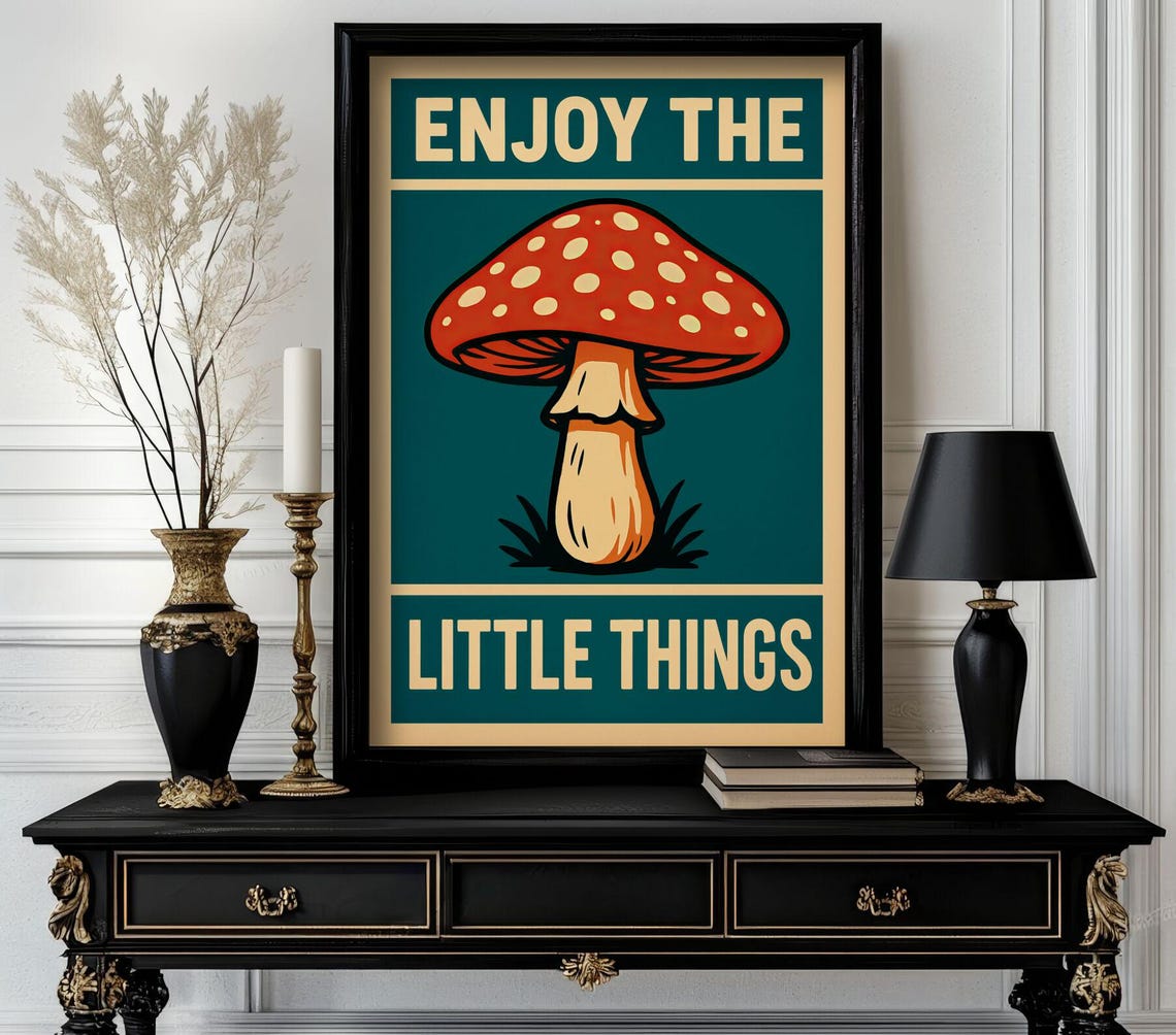 Enjoy The Little Things Red Mushroom Retro Motivational Quote Poster
