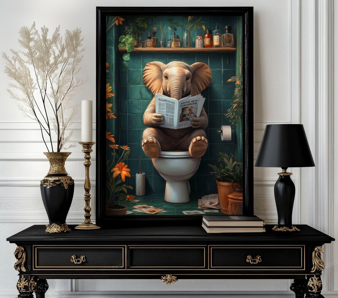 Baby Elephant Sitting on Toilet Reading Paper Bathroom Humor Poster
