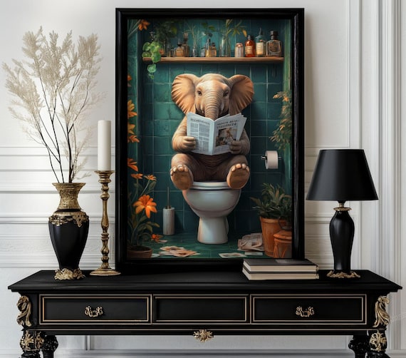 Funny Bathroom Elephant Poster Animal On Toilet Wall Art Gag Gift For Guest Quirky Decor White 226