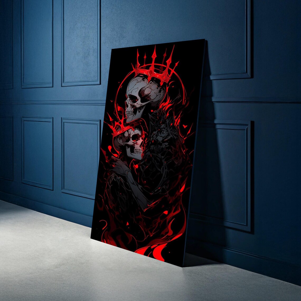 Dark Fantasy Skull Art Red Crown Skeleton Canvas Gothic Horror Wall Decor Macabre Love Illustration Neon Flame