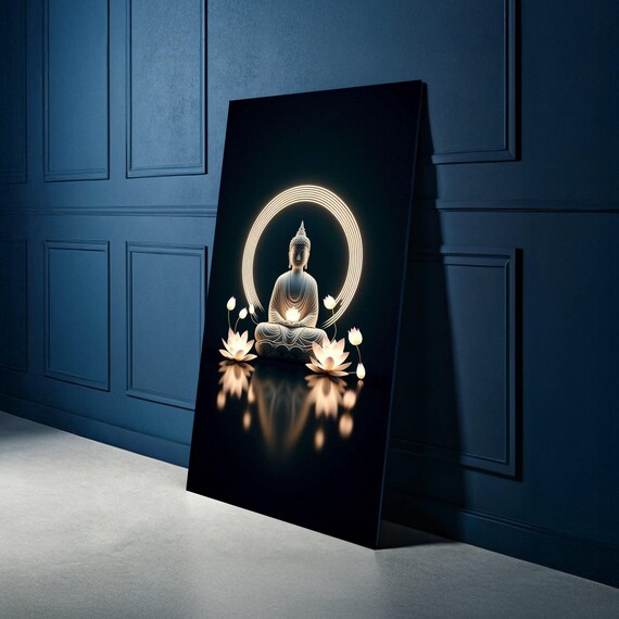 Illuminated Buddha Meditation Canvas Modern Zen Wall Art Flower Decor Spiritual Print Peaceful Home Decoration