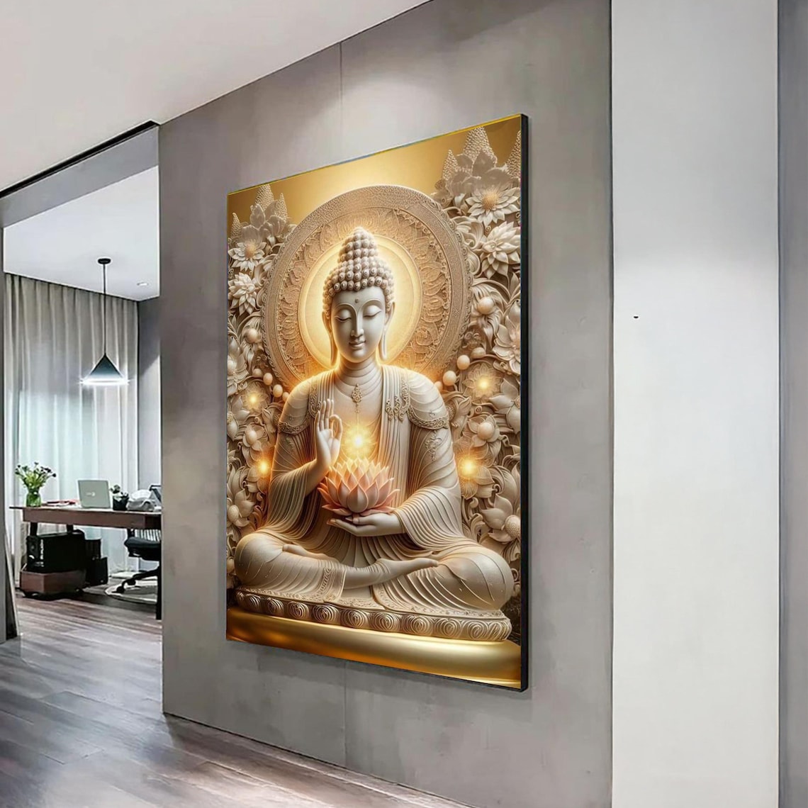 Golden Buddha Meditation Art Print, Zen Flower Decor