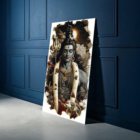 Meditative Lord Shiva Canvas Art Spiritual Hindu God Wall Decor Trident And Crescent Moon Mythological Divine Serenity