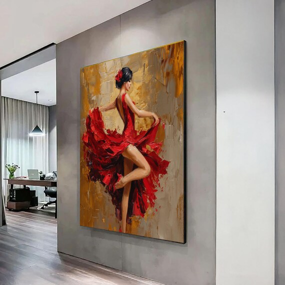 Elegant Flamenco Dancer Canvas Red Dress Wall Art Abstract Ballet Painting Contemporary Dance Decor Style