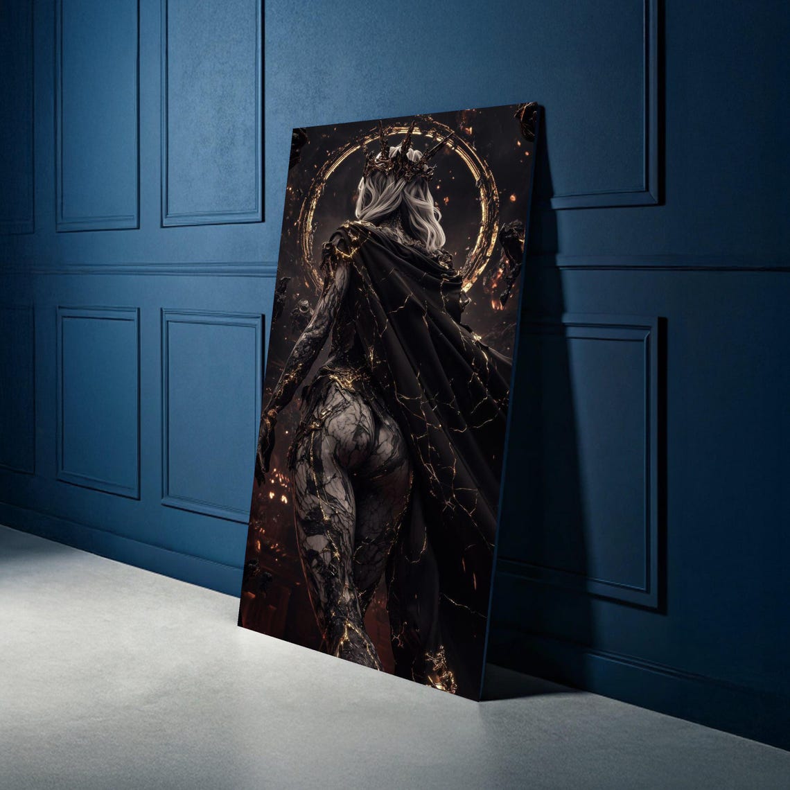 Dark Fantasy Goddess Canvas Wall Art Black Gold Cracked Mystical Crowned Figure Gothic Home Decor Dramatic Hanging