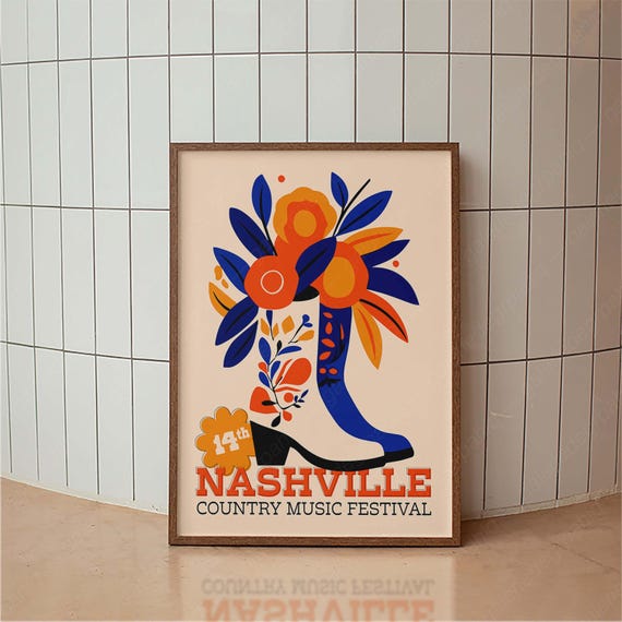 Retro Nashville Country Music Festival Poster Western Poster Cowboy Boot Print Minimal Vintage Art Print Retro Poster Print